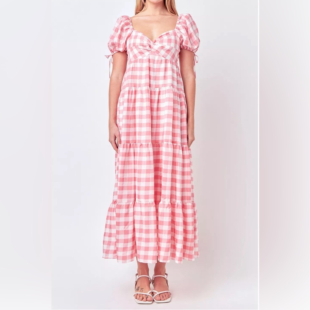 English Factory Pink Gingham Puff-Sleeve Maxi Dress